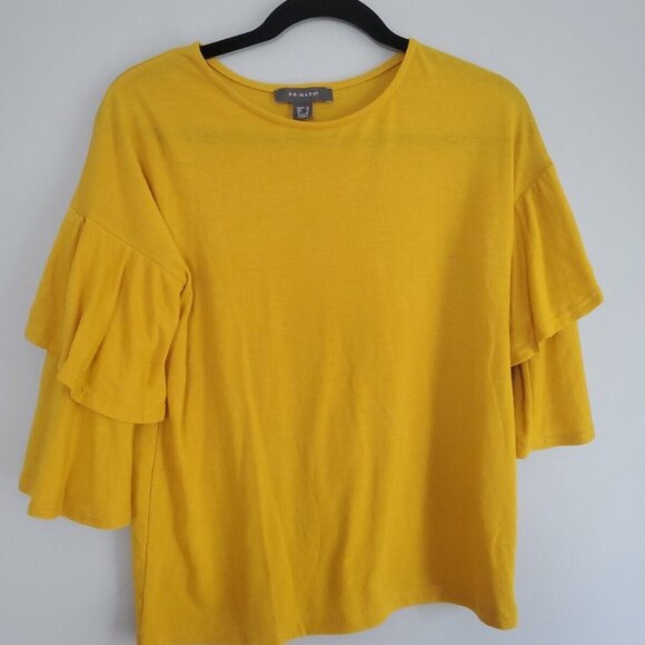 Primark Mustard Yellow 3/4 Ruffle Sleeve Blouse Size 6 - Picture 3 of 5